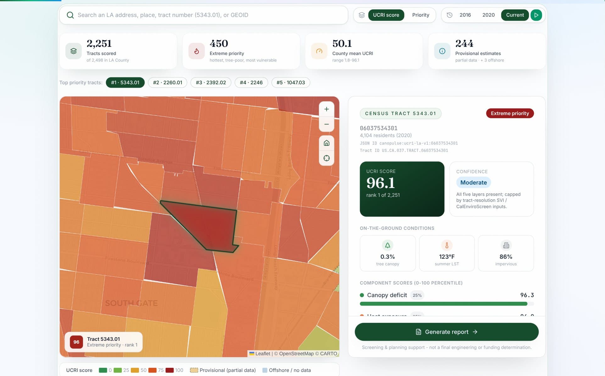 Live Canopulse LA County Explorer showing tract 5343.01 with UCRI score 96.1